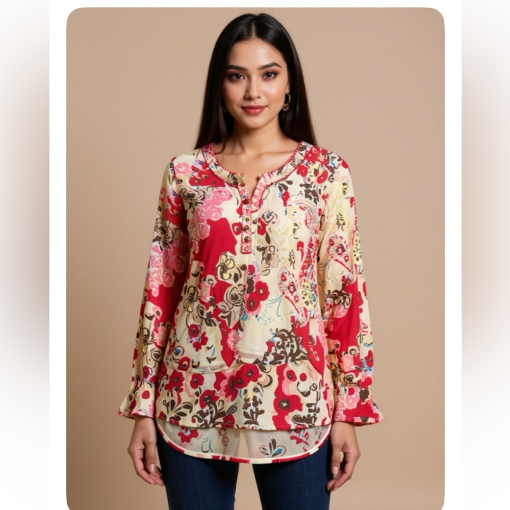 Coldwater Creek Floral Blouse - Red, Pink, Cream